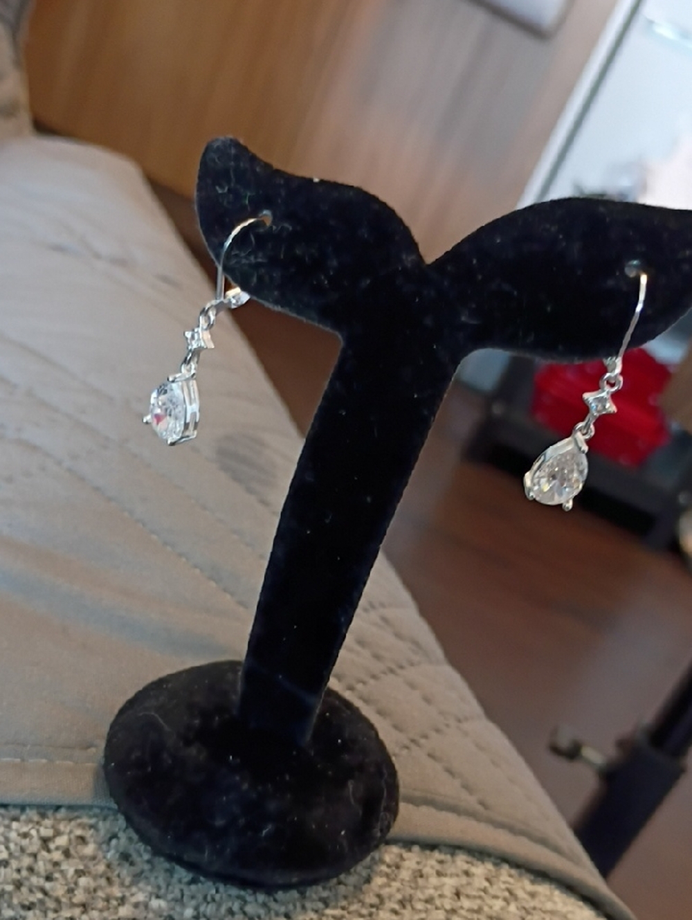 Silver Tone Teardrop Crystal Dangle Earrings - Clear